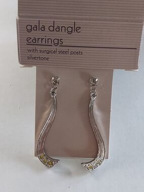 Vintage Avon Gala Dangle Silvertone Earrings with Yellow Accents